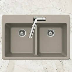 Houzer Quartztone 33" Taupe Granite Composite Drop-in Topmount 50/50 Double Bowl Kitchen Sink - M-200 TAUPE