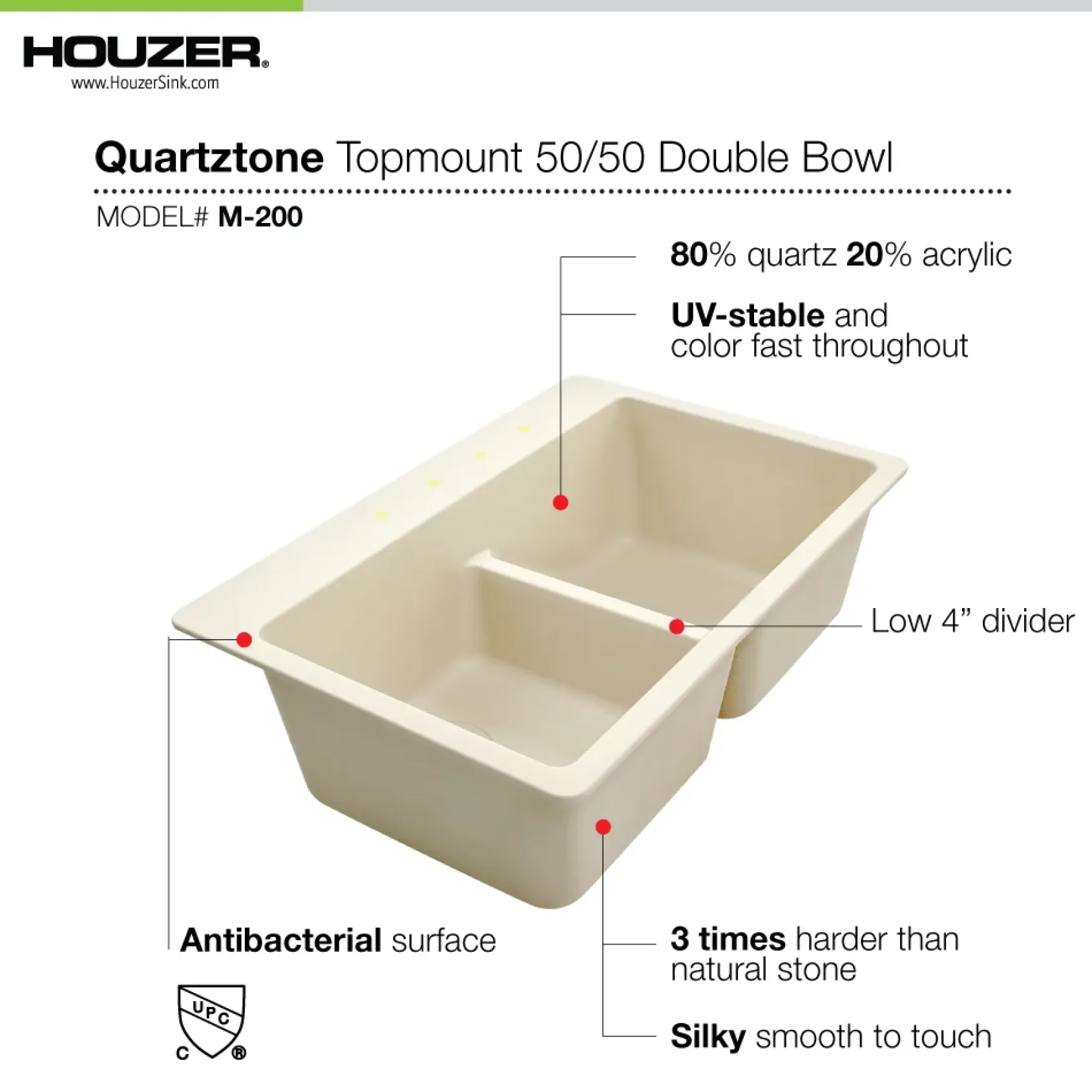 Houzer Quartztone 33" Taupe Granite Composite Drop-in Topmount 50/50 Double Bowl Kitchen Sink - M-200 TAUPE