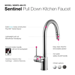Houzer Sentinel Pull Down Kitchen Faucet with Hot Water Safety Switch Polished Chrome, SENPD-466-PC
