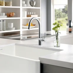 Houzer Sentinel Pull Down Kitchen Faucet Hot Water Safety Brushed Nickel, SENPD-466-BN