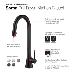 Houzer Soma 1.75 GPM Lever Brass Kitchen Faucet, Pull Down, Matte Black, SOMPD-669-MB