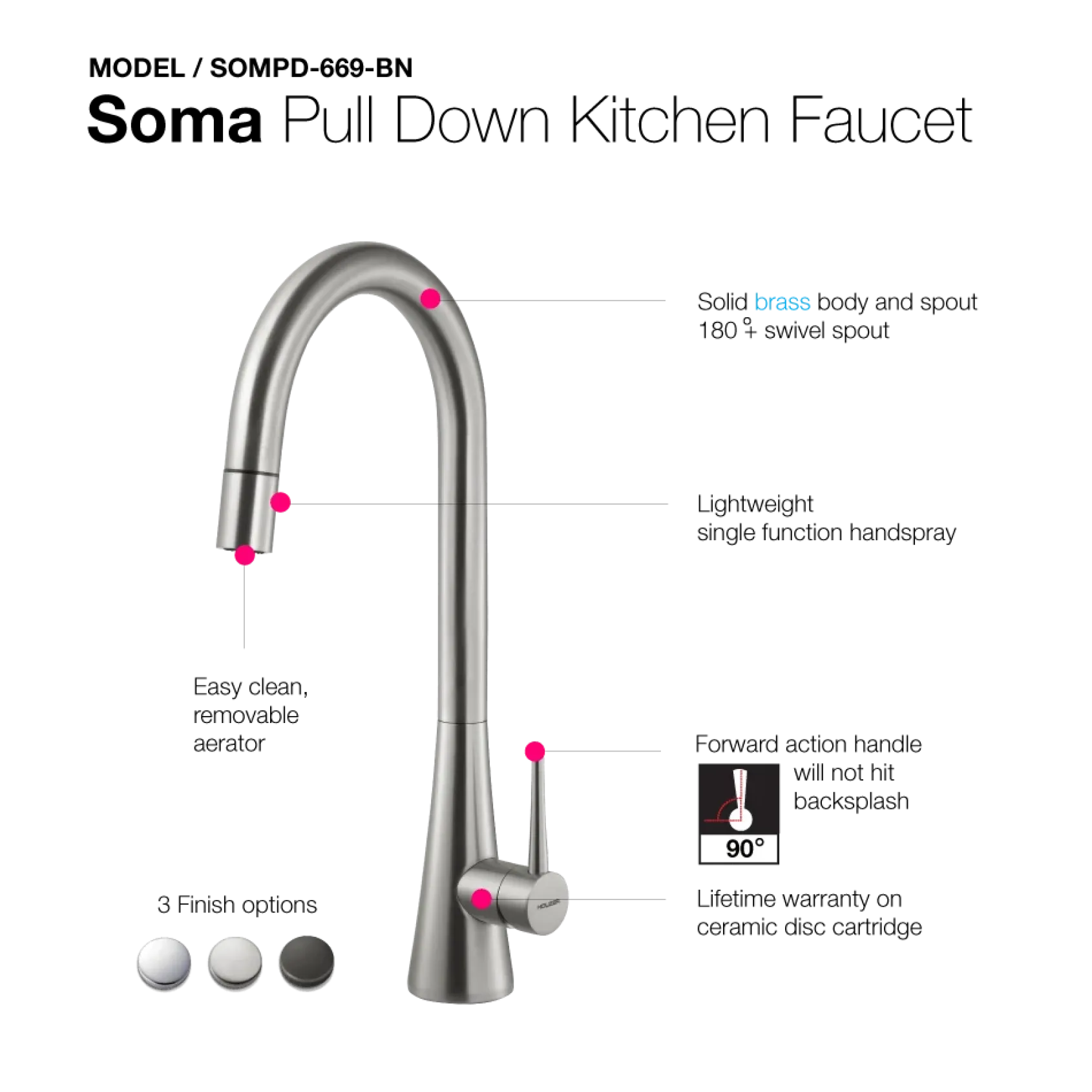 Houzer Soma Pull Down Kitchen Faucet Brushed Nickel, SOMPD-669-BN