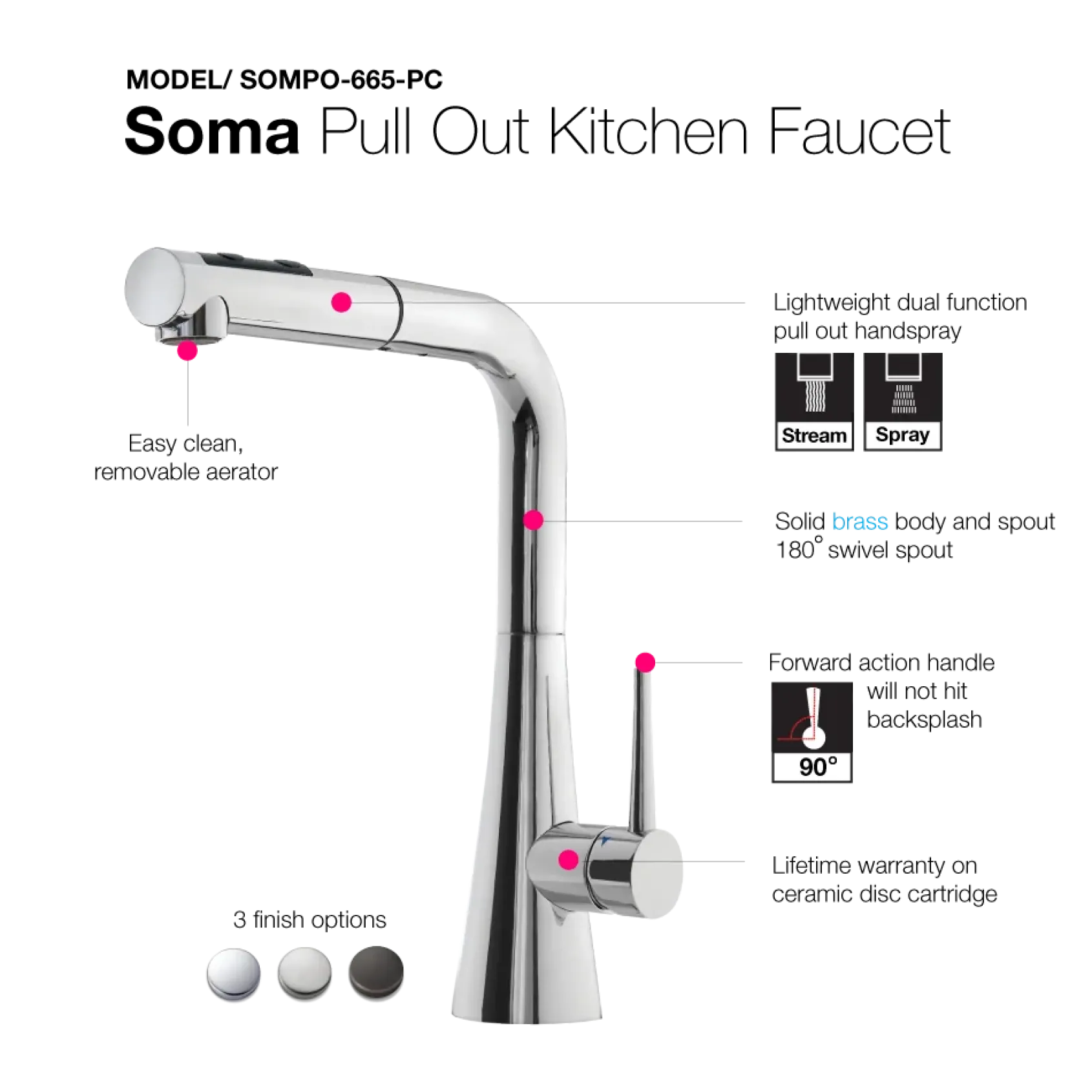 Houzer Soma Pull Out Kitchen Faucet with CeraDox Technology Polished Chrome, SOMPO-665-PC