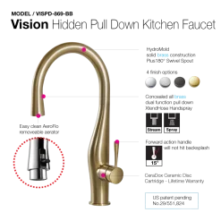 Houzer Vision Hidden Pull Down Kitchen Faucet Brushed Brass, VISPD-869-BB