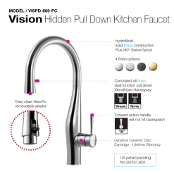 Houzer Vision Hidden Pull Down Kitchen Faucet with CeraDox Technology Polished Chrome, VISPD-869-PC