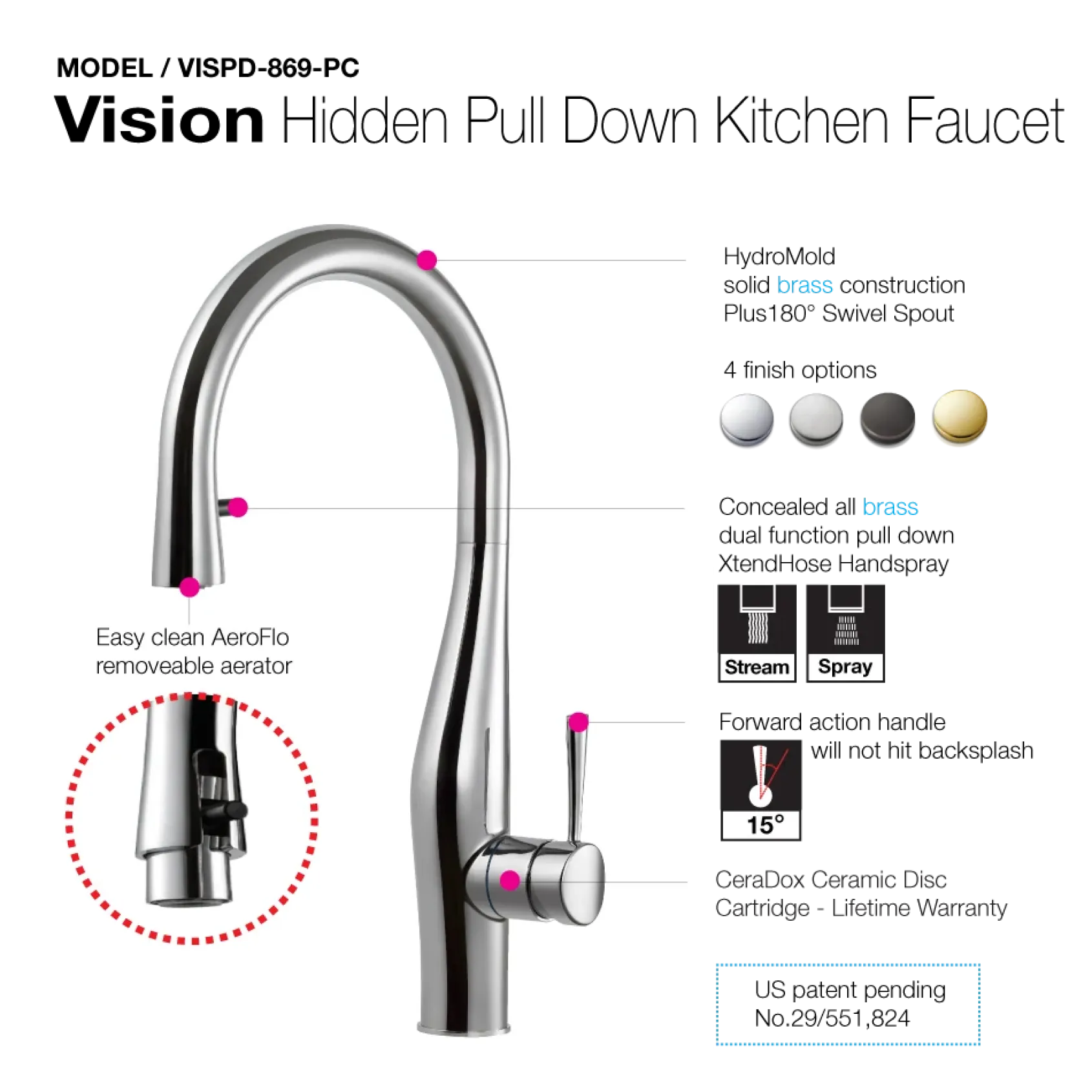 Houzer Vision Hidden Pull Down Kitchen Faucet with CeraDox Technology Polished Chrome, VISPD-869-PC