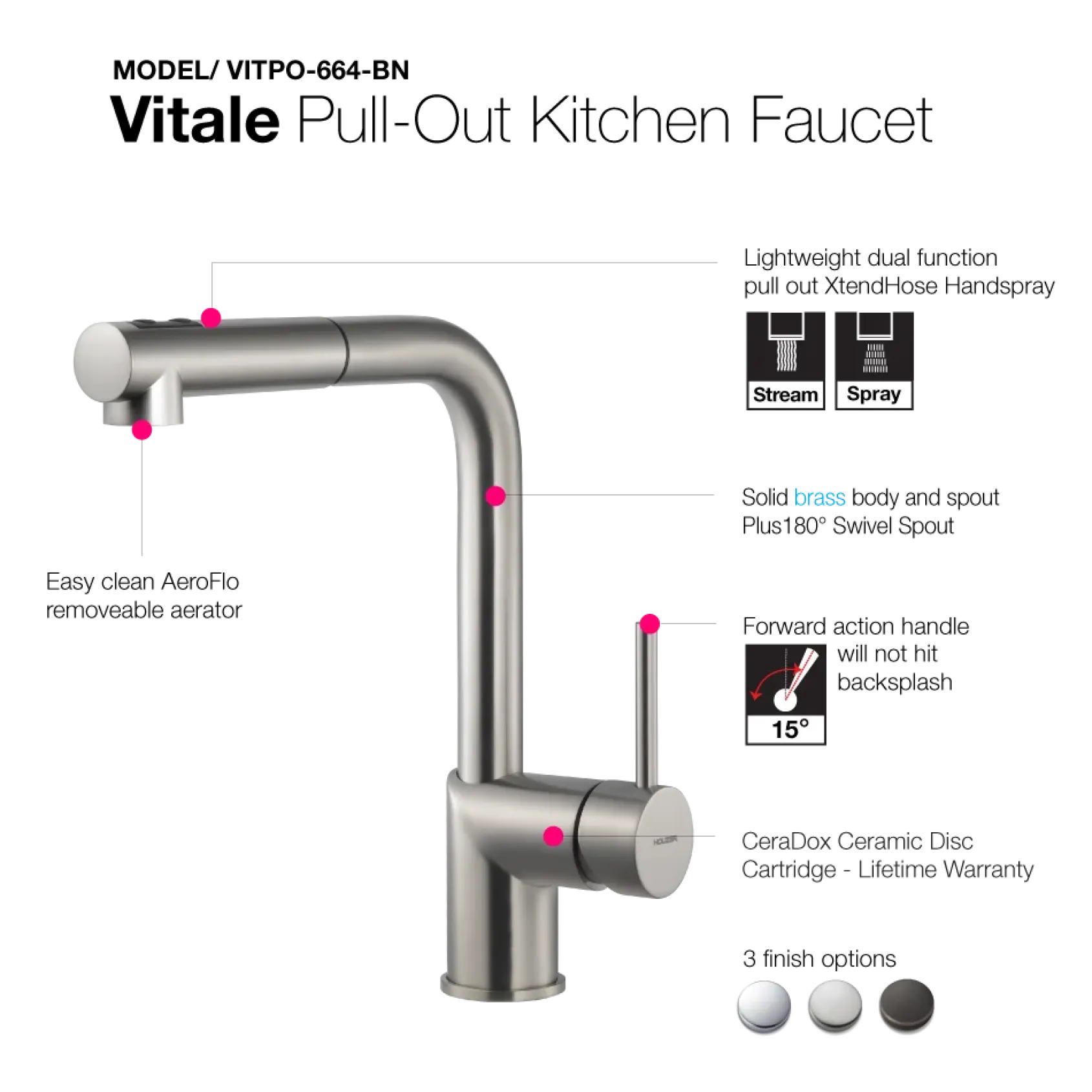 Houzer Vitale Pull Out Kitchen Faucet Brushed Nickel, VITPO-664-BN