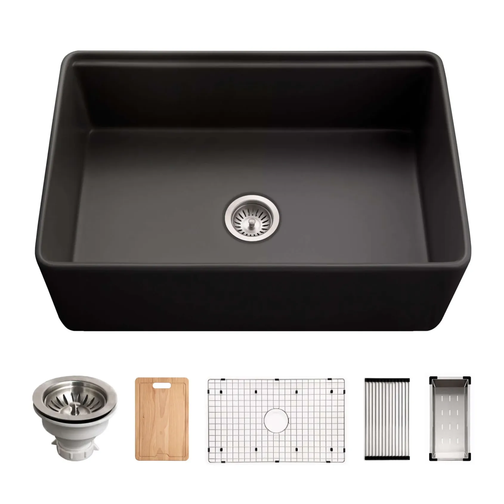 Houzer Aspire 30 inch Black Fireclay Farmhouse Apron Front Single Bowl Workstation Sink with Accessories - PTW-3020S BL