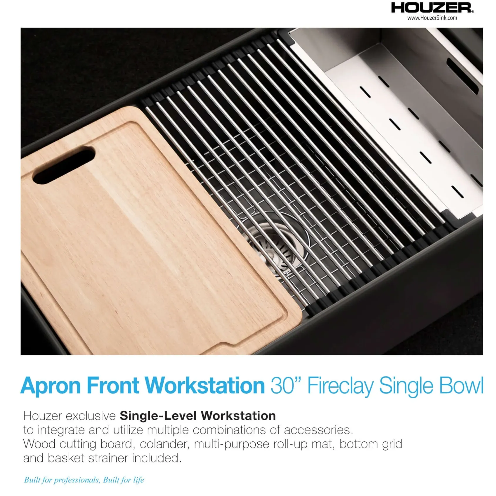 Houzer Aspire 30 inch Black Fireclay Farmhouse Apron Front Single Bowl Workstation Sink with Accessories - PTW-3020S BL