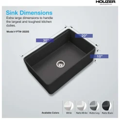 Houzer Aspire 30 inch Black Fireclay Farmhouse Apron Front Single Bowl Workstation Sink with Accessories - PTW-3020S BL