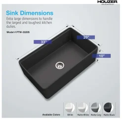 Houzer Aspire 33 inch Black Fireclay Farmhouse Apron Front Single Bowl Workstation with Accessories - PTW-3320 BL Farmhouse Sink, PTW-3320S BL