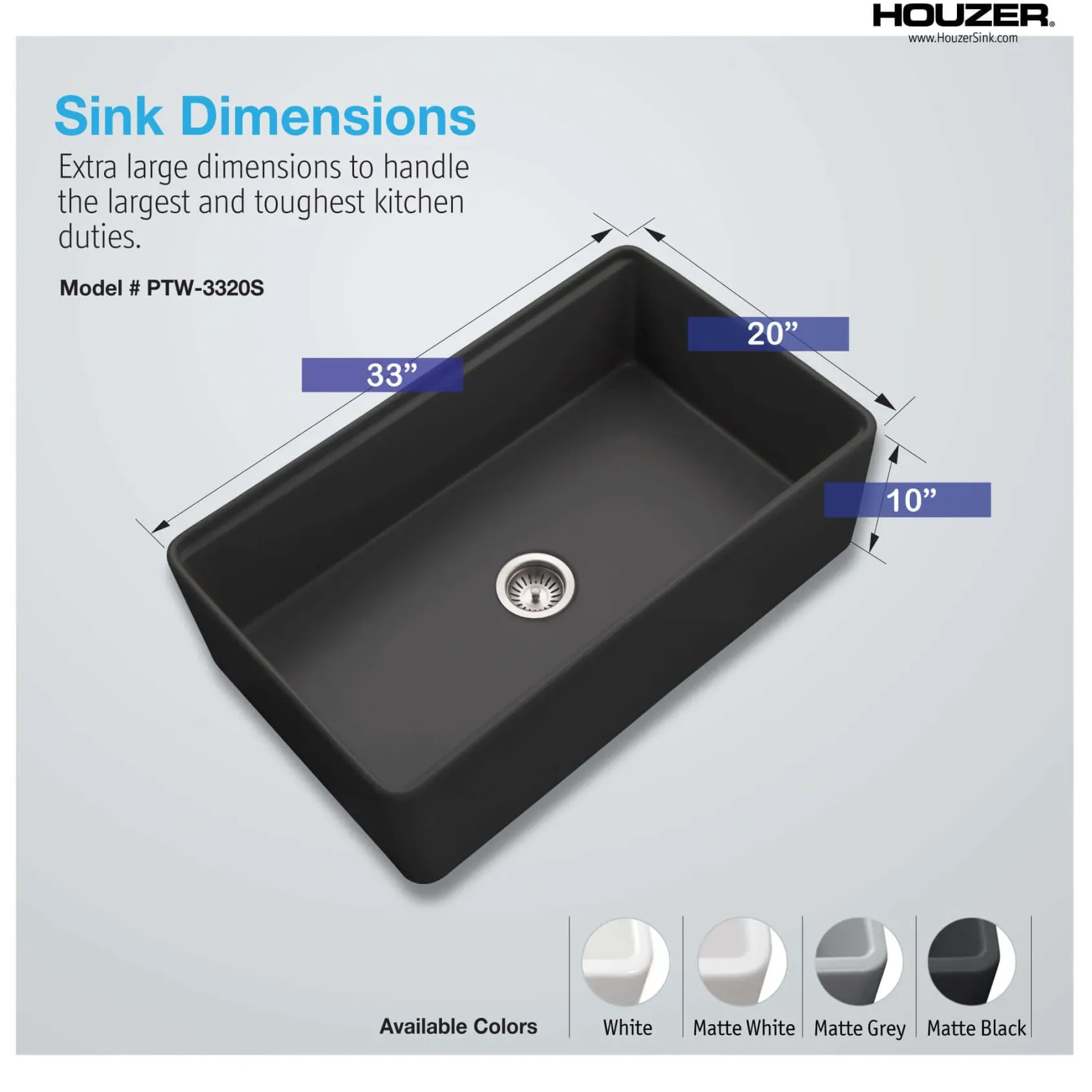 Houzer Aspire 33 inch Black Fireclay Farmhouse Apron Front Single Bowl Workstation with Accessories - PTW-3320 BL Farmhouse Sink, PTW-3320S BL