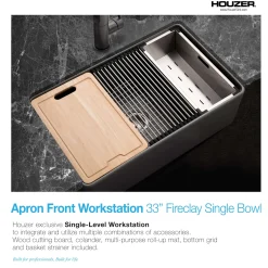 Houzer Aspire 33 inch Black Fireclay Farmhouse Apron Front Single Bowl Workstation with Accessories - PTW-3320 BL Farmhouse Sink, PTW-3320S BL