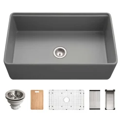 Houzer Aspire 33 inch Gray Fireclay Farmhouse Apron Front Single Bowl Workstation with Accessories PTW-3320S GR