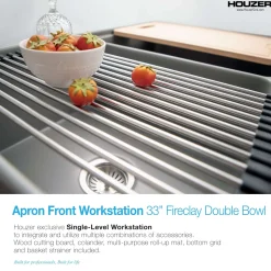 Houzer Aspire 33 inch Gray Fireclay Farmhouse Apron Front 50/50 Double Bowl Workstation Sink with Accessories - PTW-3320SD GR