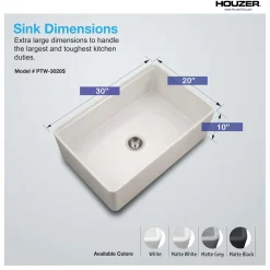 Houzer Aspire 30 inch Matte White Fireclay Farmhouse Apron Front Single Bowl Workstation Sink with Accessories PTW-3020S MWH