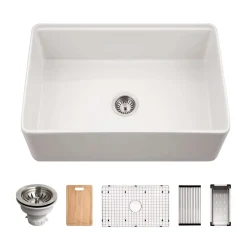 Houzer Aspire 30 inch White Fireclay Farmhouse Apron Front Single Bowl Workstation Sink with Accessories - PTW-3020S WH