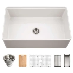 Houzer Aspire 33 inch White Fireclay Farmhouse Apron Front Single Bowl Workstation with Accessories - PTW-3320S WH