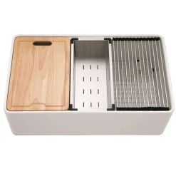 Houzer Aspire 33 inch White Fireclay Farmhouse Apron Front Single Bowl Workstation with Accessories - PTW-3320S WH