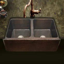 Houzer 34" Copper Double Bowl Farmhouse Apron Front Kitchen Sink, HW-COP12