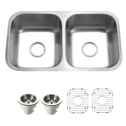 Houzer Eston 31 inch Stainless Steel Undermount 50/50 Double Bowl Kitchen Sink with Strainer & Grid - 18 Gauge, STD-2100-C