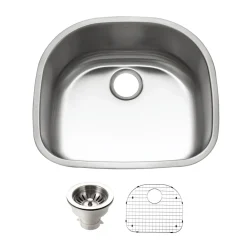 Houzer Eston 24 inch Stainless Steel Undermount Single D Bowl Kitchen Sink with Strainer & Grid - 18 Gauge, STS-1400-C
