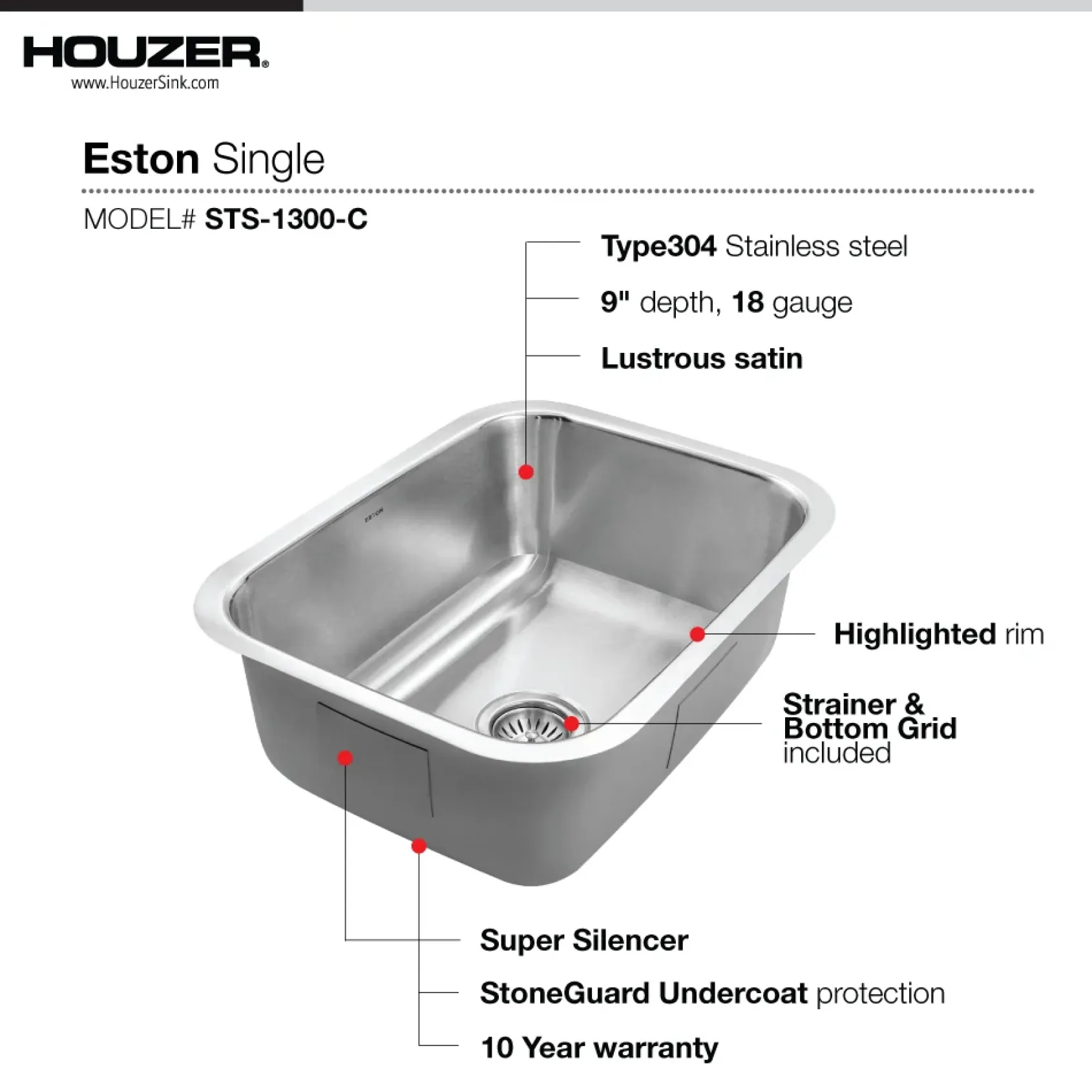 Houzer Eston 23 inch Stainless Steel Undermount Single Bowl Kitchen Sink with Strainer & Grid - 18 Gauge, STS-1300-C