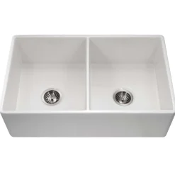 Houzer 33" Fireclay 50/50 Double Bowl Farmhouse Kitchen Sink, White, Platus Series, PTD-4400 WH