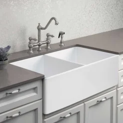 Houzer 33" Fireclay 50/50 Double Bowl Farmhouse Kitchen Sink, White, Platus Series, PTD-4400 WH