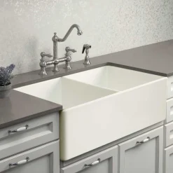 Houzer 33" Fireclay 50/50 Double Bowl Farmhouse Kitchen Sink, Biscuit, Platus Series, PTD-4400 BQ