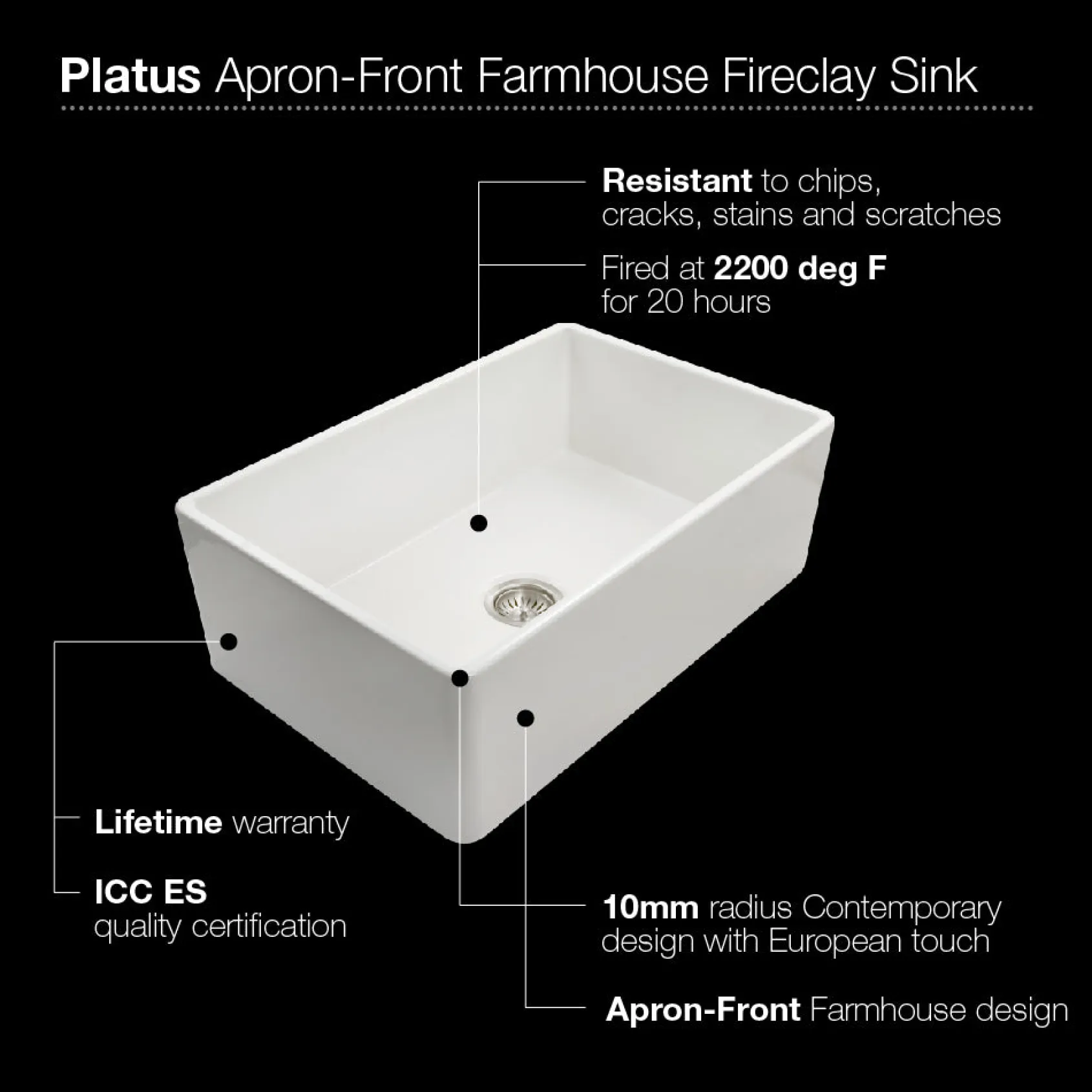 Houzer 30" Fireclay Farmhouse Apron Front Single Bowl Kitchen Sink, White, PTS-4100 WH