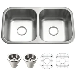 Houzer Medallion Classic 32" 50/50 Double Bowl Stainless Steel Undermount Kitchen Sink with Accessories, 18 Gauge, MD-3109-C