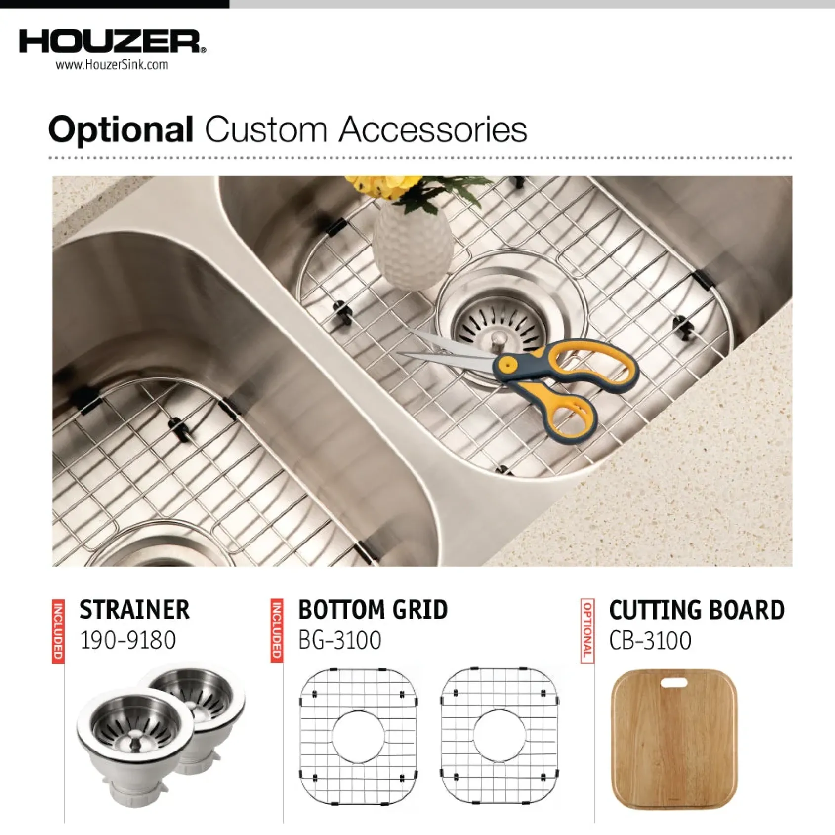 Houzer Medallion Classic 32" 50/50 Double Bowl Stainless Steel Undermount Kitchen Sink, 18 Gauge, MD-3109-1