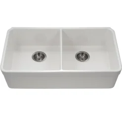 Houzer Platus 32" Fireclay 50/50 Double Bowl Undermount Kitchen Sink with Accessories, White, PTU-3200 WH-C