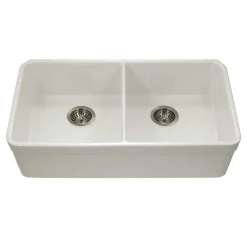 Houzer Platus 32" Fireclay 50/50 Double Bowl Undermount Kitchen Sink with Accessories, Biscuit, PTU-3200 BQ-C