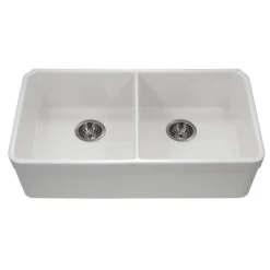 Houzer Platus 32" Fireclay 50/50 Double Bowl Undermount Kitchen Sink, White, PTU-3200 WH