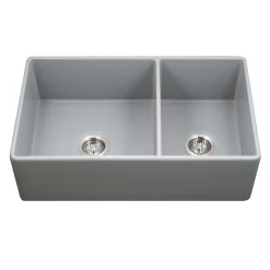 Houzer Platus 33" Fireclay Farmhouse Sink, 60/40 Double Bowl, Gray, PTD-6040 GR