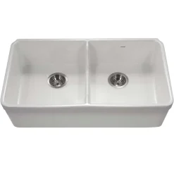 Houzer Platus 32" Fireclay 50/50 Low Divide Double Bowl Farmhouse Kitchen Sink, White, PTD-6400 WH