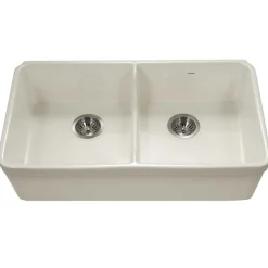 Houzer Platus 32" Fireclay 50/50 Low Divide Double Bowl Farmhouse Kitchen Sink, Biscuit, PTD-6400 BQ