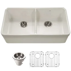 Houzer Platus 32" Fireclay 50/50 Low Divide Double Bowl Farmhouse Kitchen Sink with Accessories, Biscuit, PTD-6400 BQ-C