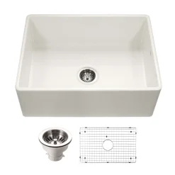 Houzer Platus 30 inch Biscuit Fireclay Apron Front Farmhouse Single Bowl Kitchen Sink - PTS-4100 BQ-C with Basket Strainer and Basin Grid Included