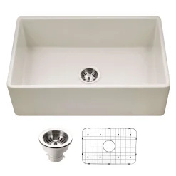 Houzer Platus 30 inch Biscuit Fireclay Apron Front Farmhouse Single Bowl Kitchen Sink - PTS-4118 BQ-C with Basket Strainer and Basin Grid Included