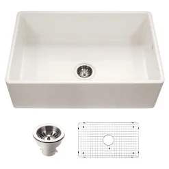 Houzer Platus 33 inch Biscuit Fireclay Apron Front Farmhouse Single Bowl Kitchen Sink - PTG-4300 BQ-C with Basket Strainer and Basin Grid Included