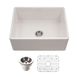 Houzer Platus 26 inch Biscuit Fireclay Apron Front Farmhouse Single Bowl Kitchen Sink - PTS-2600 BQ-C with Basket Strainer and Basin Grid Included