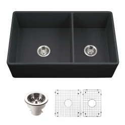 Houzer Platus 33 inch Black Fireclay Apron Front Farmhouse 60/40 Double Kitchen Sink - PTD-6040 BL-C with Basket Strainer and Basin Grids Included
