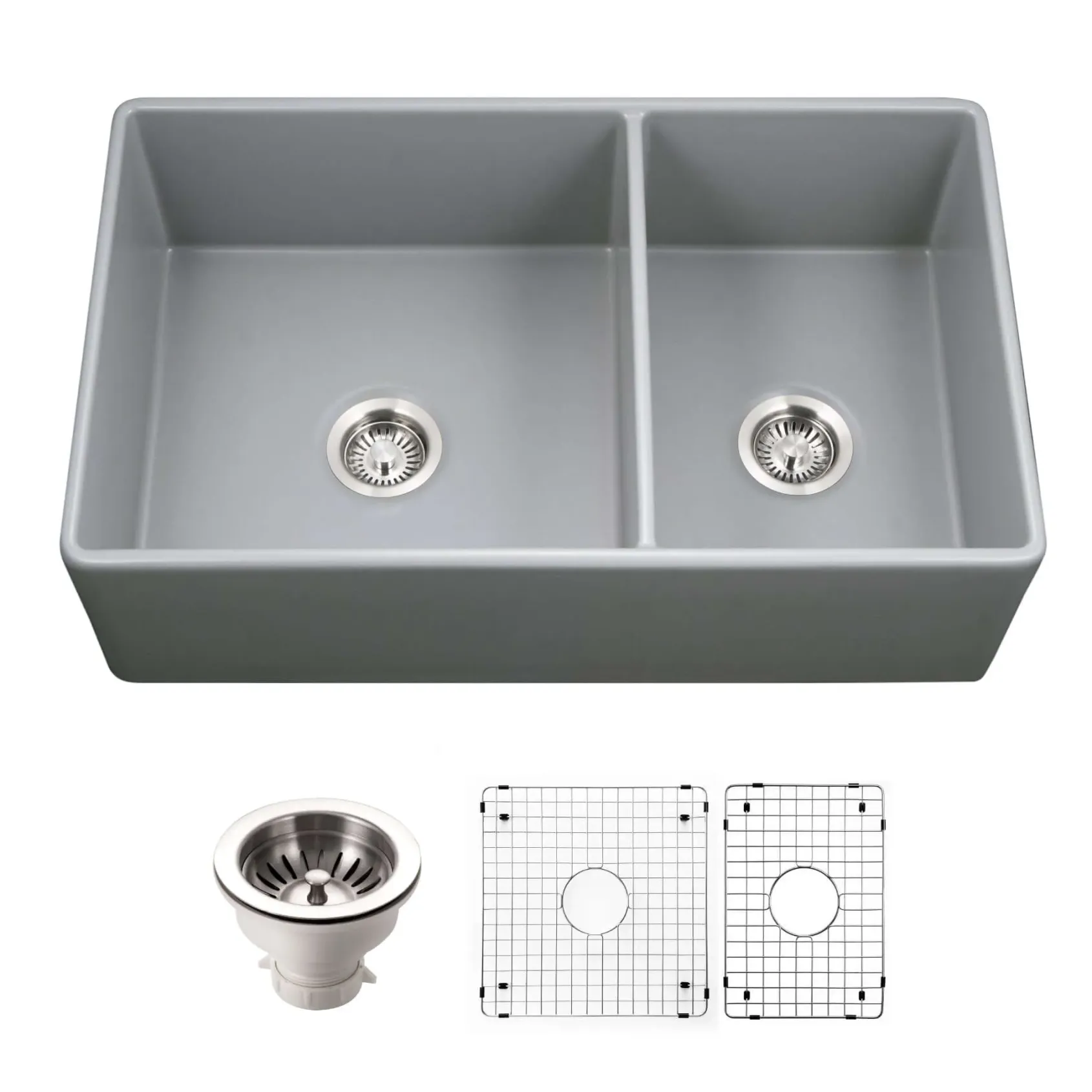 Houzer Platus 33 inch Gray Fireclay Apron Front Farmhouse 60/40 Double Small Right Bowl Sink - PTD-6040 GR-C with Basket Strainer and Basin Grids Included