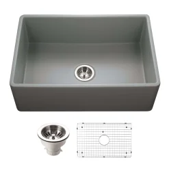 Houzer Platus 30 inch Gray Fireclay Apron Front Farmhouse Single Bowl Kitchen Sink - PTS-4100 GR-C with Basket Strainer and Basin Grid Included