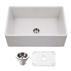 Houzer Platus 30 inch Matte White Fireclay Apron Front Farmhouse Single Bowl Kitchen Sink - PTS-4100 MWH-C with Basket Strainer and Basin Grid Included