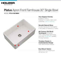 Houzer Platus 30 inch Matte White Fireclay Apron Front Farmhouse Single Bowl Kitchen Sink - PTS-4100 MWH