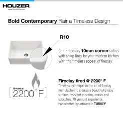 Houzer Platus 30 inch Matte White Fireclay Apron Front Farmhouse Single Bowl Kitchen Sink - PTS-4100 MWH